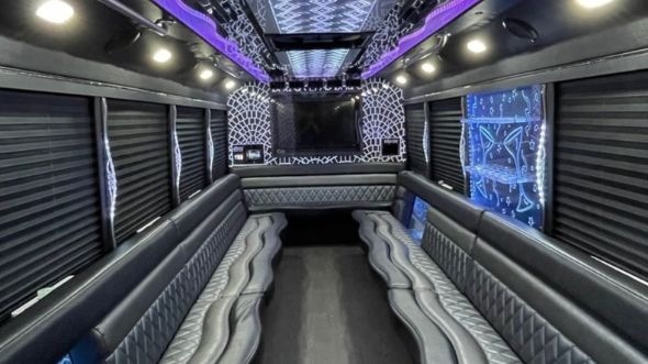 Interior of Charter Bus Company Moreno Valley's 28 Passenger Party Bus in Moreno Valley