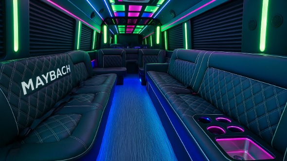 Interior of Charter Bus Company Rancho Cucamonga's 28 Passenger Party Bus in Rancho Cucamonga