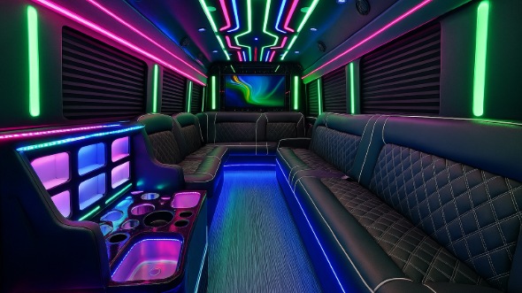 Interior of Charter Bus Company Moreno Valley's 50 Passenger Party Bus in Moreno Valley